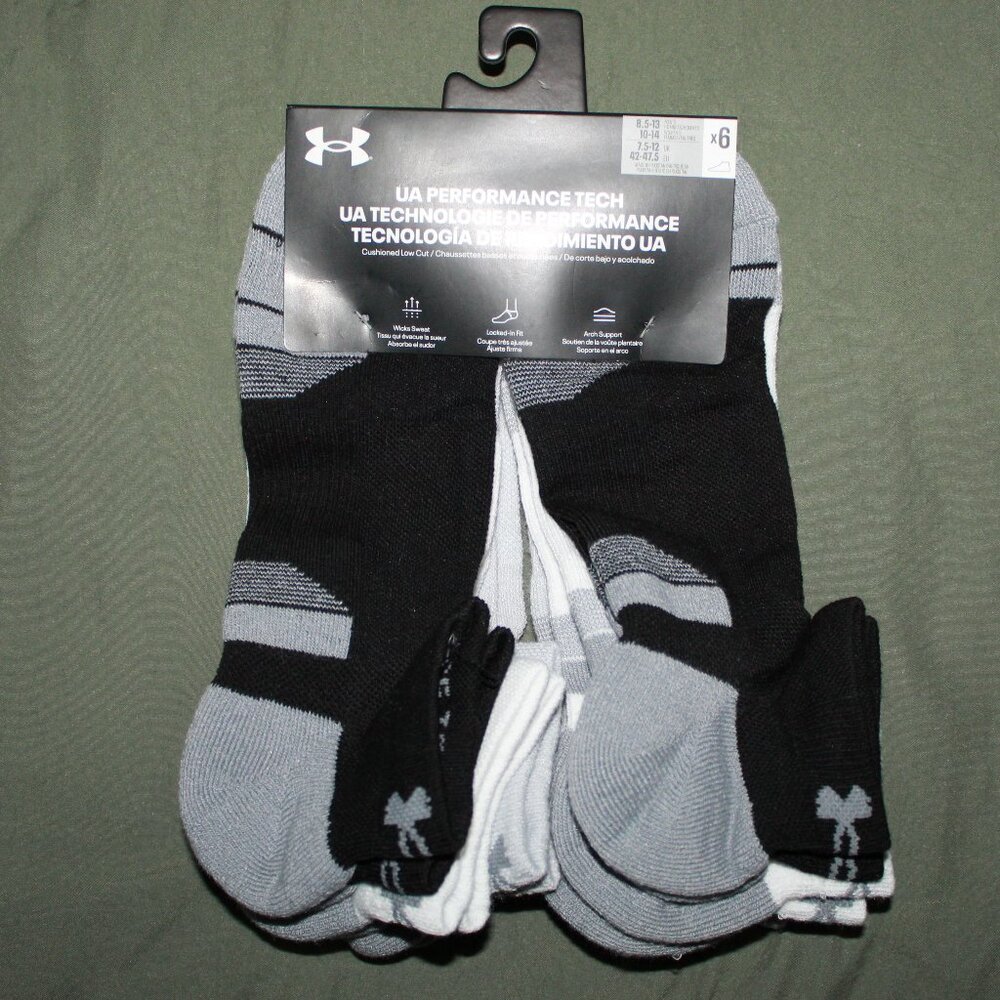 NWT Under Armour Unisex Black Grey & White Low Cut Performance Tech Socks 6 pair